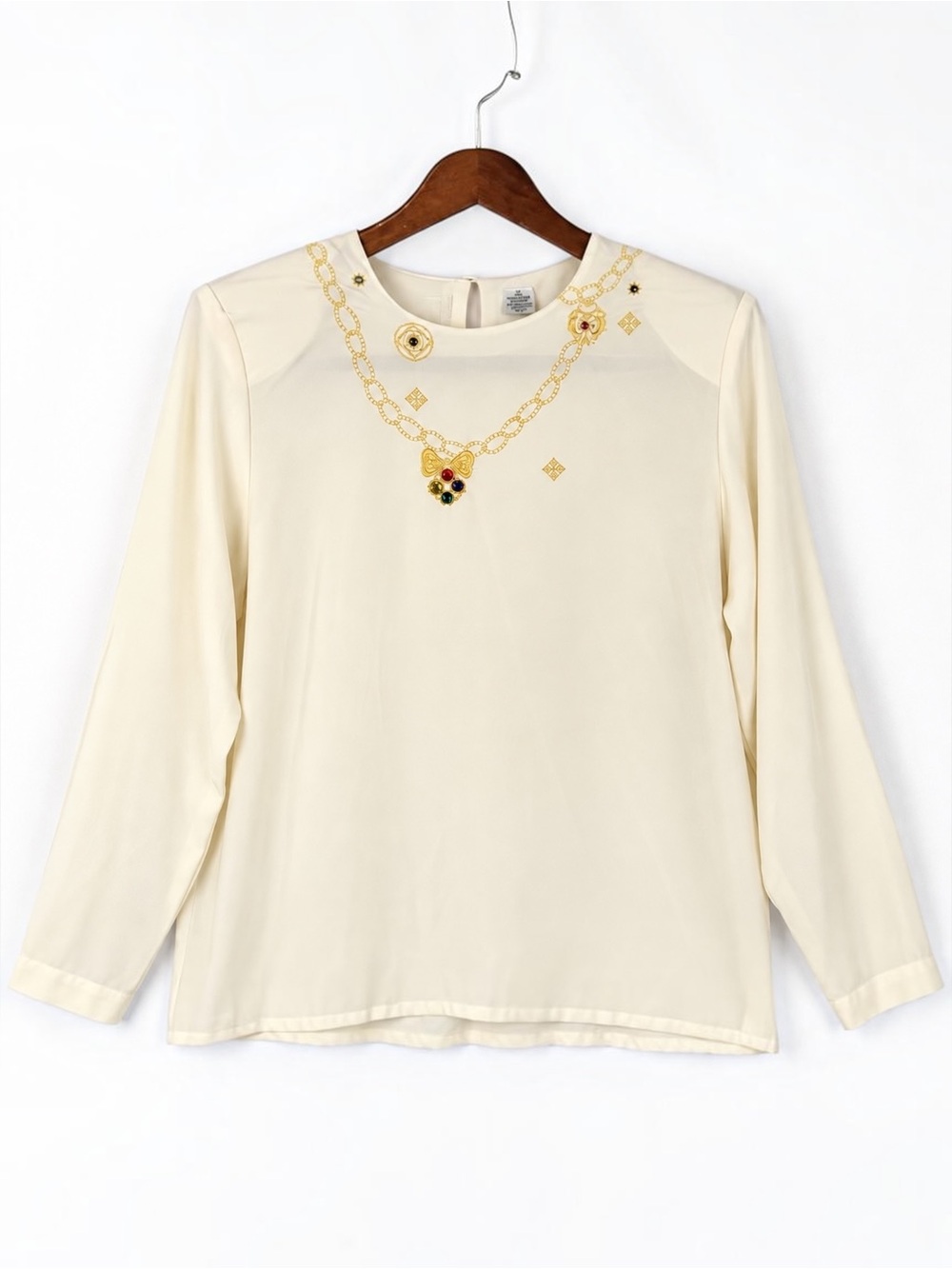 Vintage 80s 90s Chaus Jeweled Embroidered Ivory Blouse 14